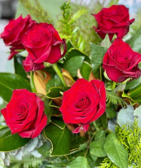 Half Dozen Red Rose Bouquet - Wild Pansi
