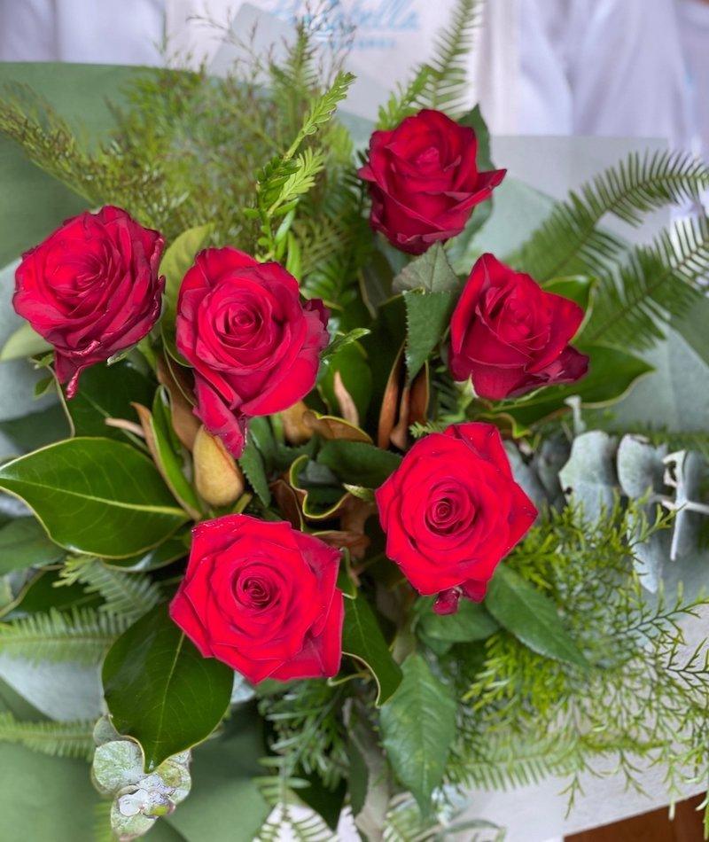 Half Dozen Red Rose Bouquet - Wild Pansi