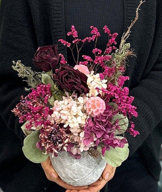 Preserved potted pink flower arrangement - Wild Pansi